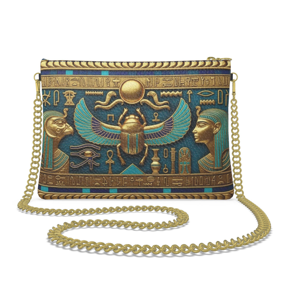 Luxury Egyptian Scarab Leather Bag with Isis & Horus – Gold Mythology