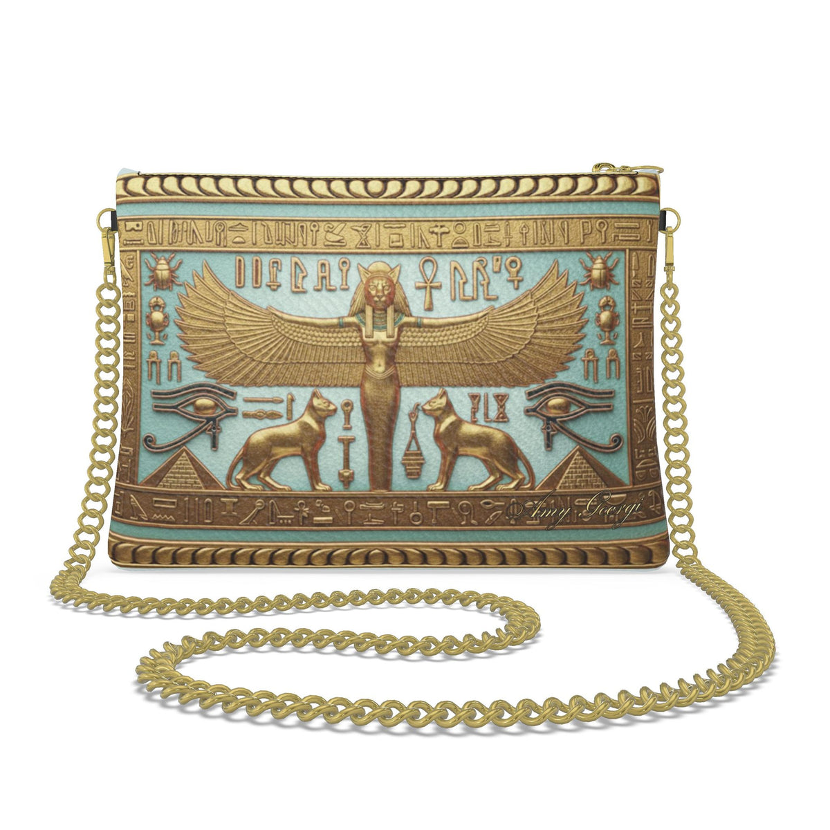 Egyptian Bastet Divinity: Royal Blue & Gold Crossbody Bag With Chain