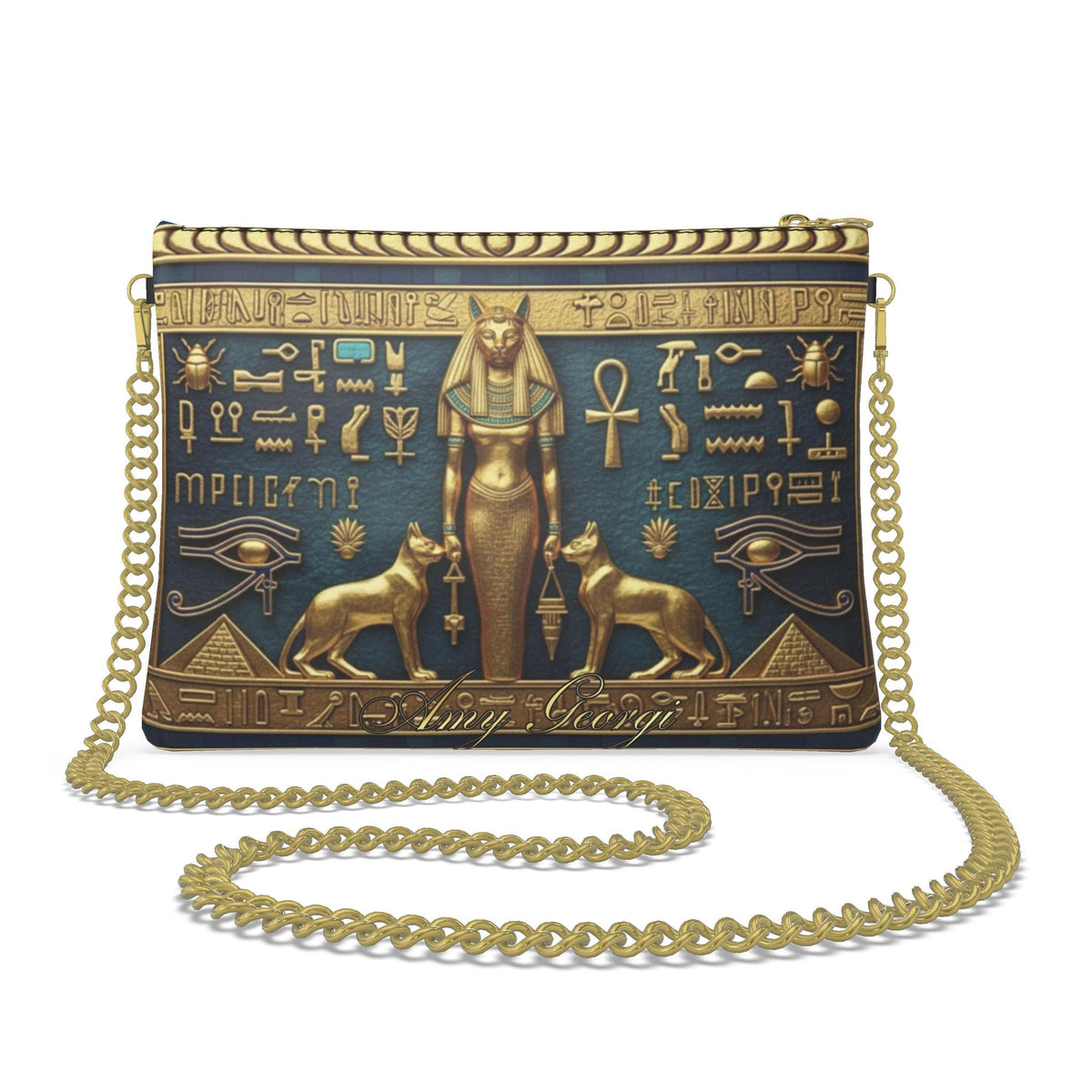 Bastet Guardian Goddess: Midnight Blue & Gold Crossbody Bag With Chain