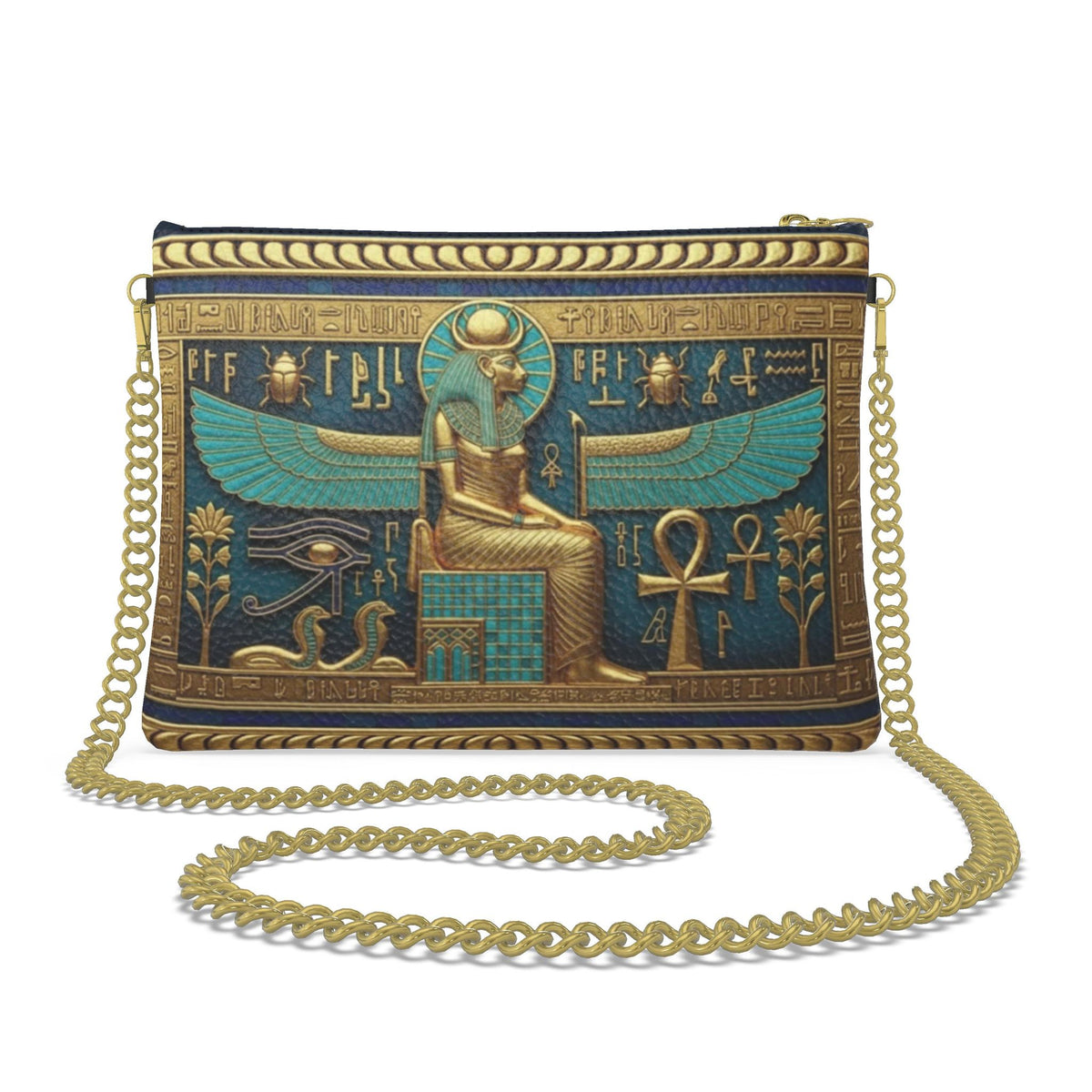 Divine Wings of Isis: Turquoise & Gold Egypt Crossbody Bag With Chain