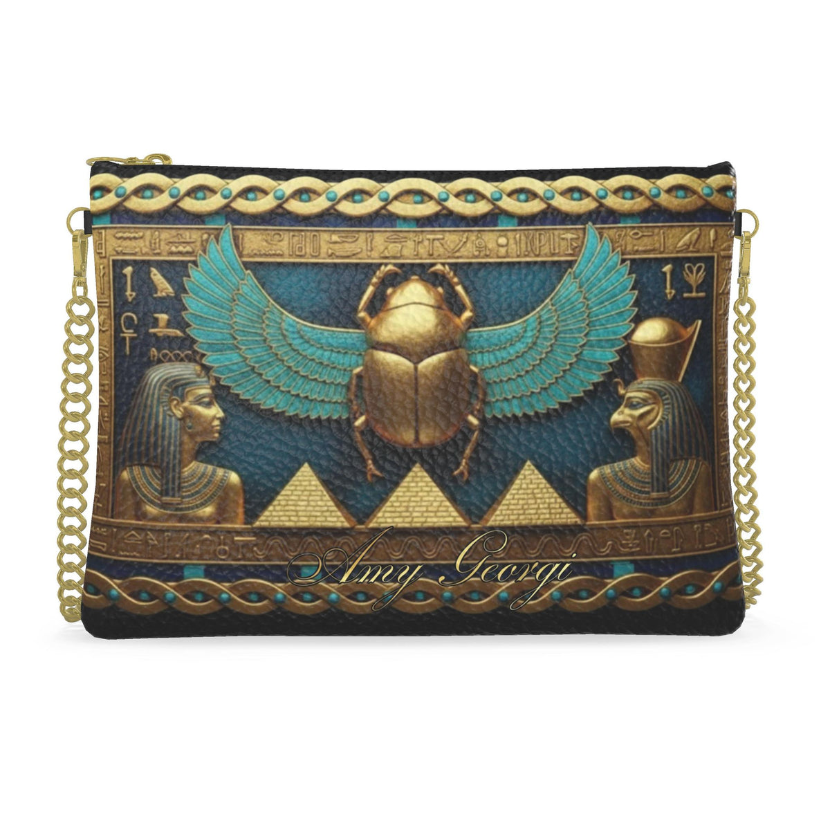 Solar Scarab Rebirth: Navy & Gold Winged Crossbody Bag With Chain