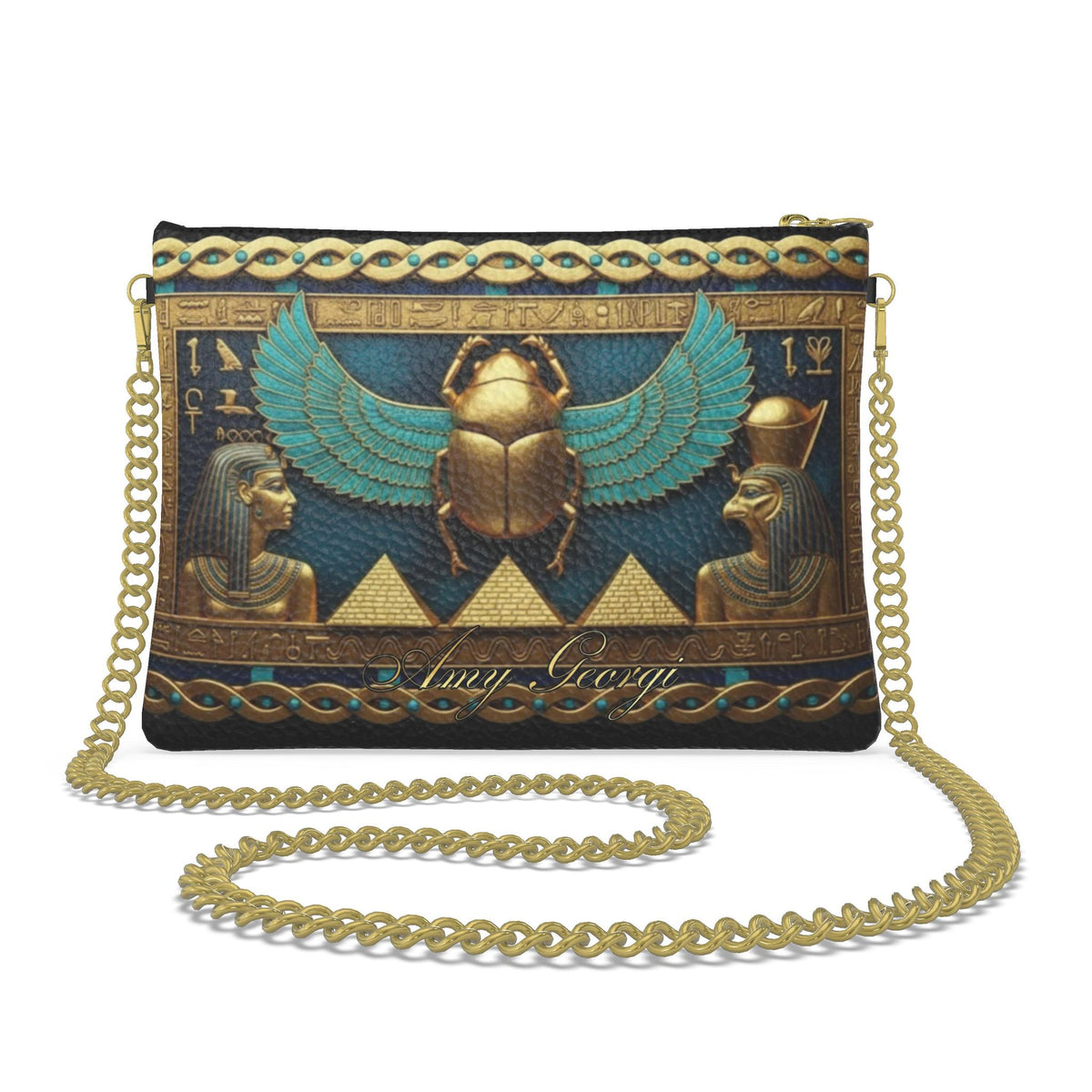 Solar Scarab Rebirth: Navy & Gold Winged Crossbody Bag With Chain