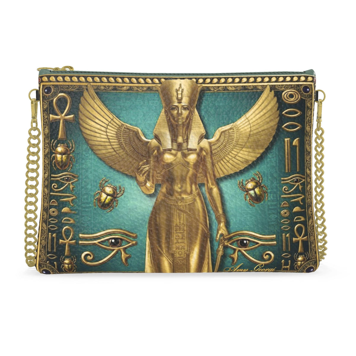 Golden Goddess Crossbody Bag – Winged Isis & Ancient Egyptian Symbols