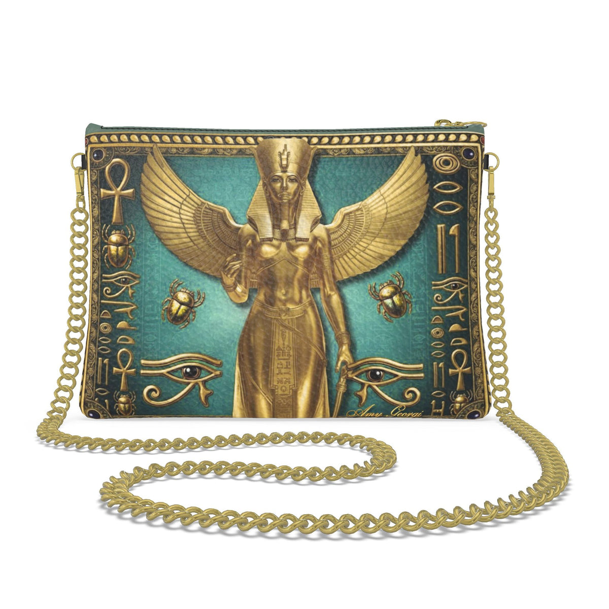 Golden Goddess Crossbody Bag – Winged Isis & Ancient Egyptian Symbols