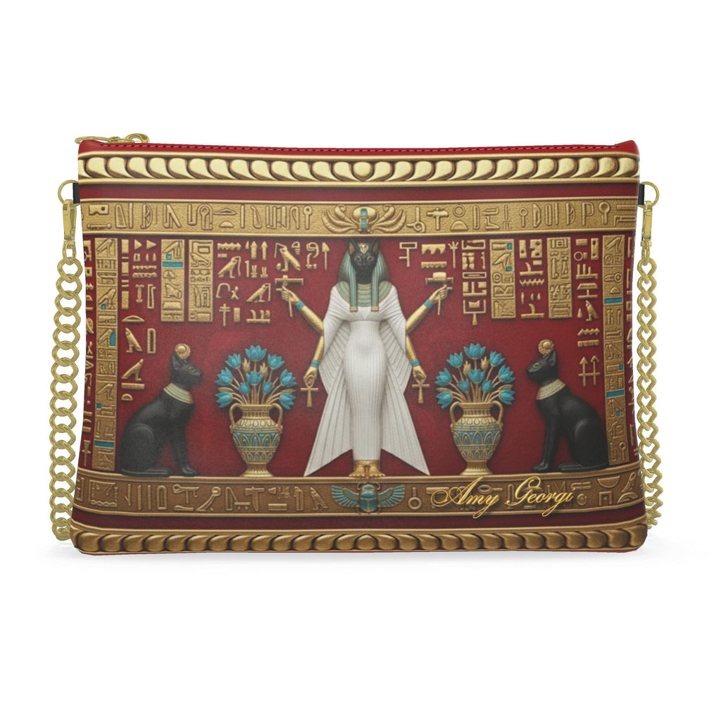 Sacred Bastet & Lotus: Crimson Gold Heritage Chain Bag