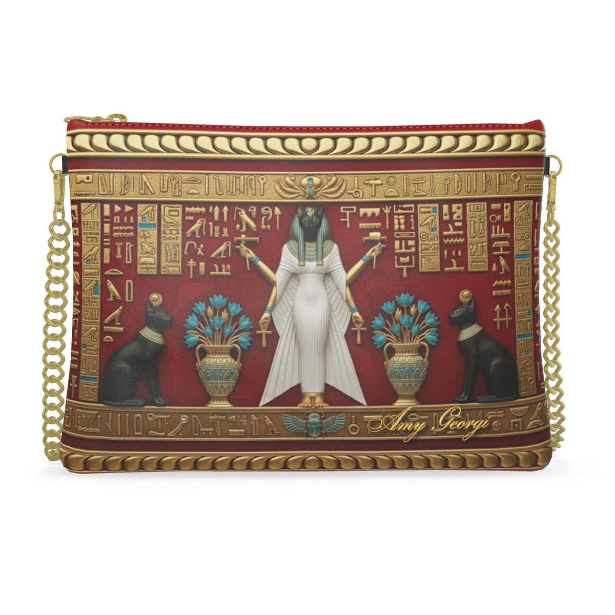 Sacred Bastet & Lotus: Crimson Gold Heritage Chain Bag