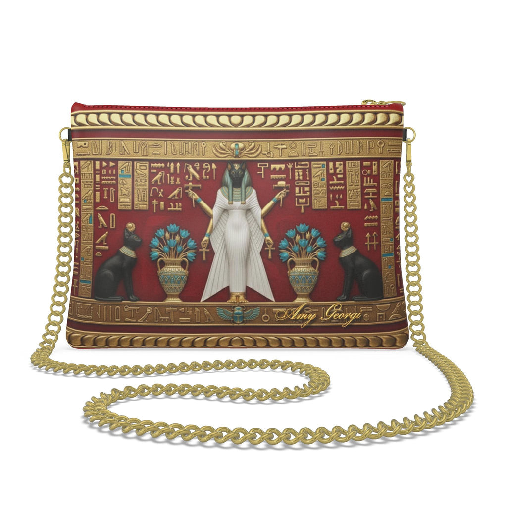 Sacred Bastet & Lotus: Crimson Gold Heritage Chain Bag
